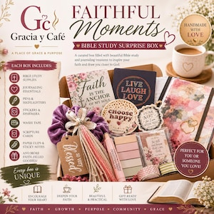 May include: A curated Bible study surprise box featuring a floral journal, a purple scrunchie with a tassel, a mug, and various stationery items including stickers, washi tape, and scripture cards. The box includes text labels detailing contents like pens, highlighters, and journaling essentials for faith-based study.
