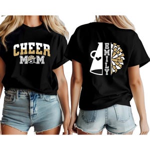 Custom Glitter Cheer Shirt featuring personalized team name and cheerleader name. Perfect for cheer competitions, pep rallies, and team spirit wear. This sparkly cheer tee makes a great gift for cheer moms, cheerleaders, or entire squads. Made from soft, high-quality fabric for all-day comfort and performance. A fun, stylish way to show off team pride on game day or practice.