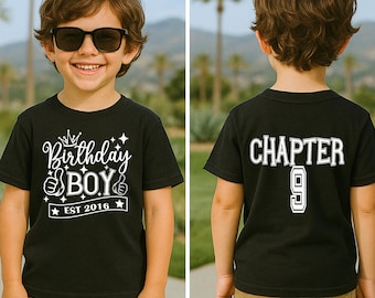 Custom Chapter Birthday Boy Shirt, Custom Age Birthday Tee with EST Year, Personalized Boy Birthday Outfit, Milestone Party Shirt Gift Idea