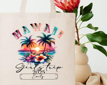 Custom Girls Trip Tote Bag 2025, Tropical Sunset Custom Name Bag, Zipper Beach Bag for Friends Vacation, Personalized Travel Gift