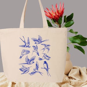 Vintage Hummingbird Tote Bag, Blue Botanical Bird Lover Bag, Nature Lover Gift, Aesthetic Hummingbird Tote Bag Gift for her