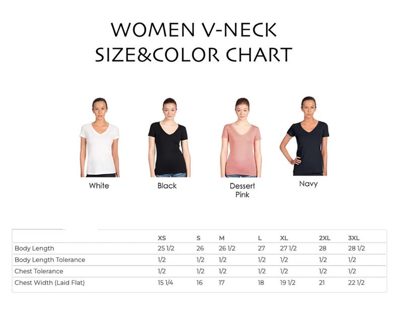 Pu&ograve; includere: Tabella delle taglie per camicie a collo a V da donna in bianco, nero, rosa e blu navy. La tabella mostra le taglie XS a 3XL con misure in pollici per la lunghezza del corpo, la tolleranza di lunghezza del corpo, la tolleranza del petto e la larghezza del petto.