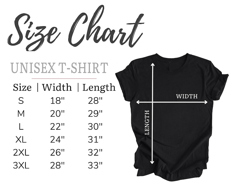 Pu&ograve; includere: Tabella delle taglie per una t-shirt unisex con misure in pollici. La tabella mostra la larghezza e la lunghezza della t-shirt nelle taglie S, M, L, XL, 2XL e 3XL.