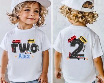Custom 2nd Birthday Boy Shirt, Personalized Two Birthday Shirt, Construction Truck Birthday Shirt, Fire Truck Car Birthday Party Shirt
