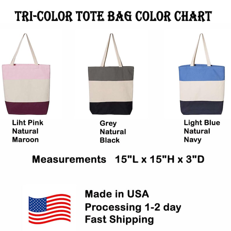 May include: Three tote bags with different color combinations. The first bag is light pink, natural, and maroon. The second bag is grey, natural, and black. The third bag is light blue, natural, and navy. The bags are 15 inches long, 15 inches high, and 3 inches deep. "TRI-COLOR TOTE BAG COLOR CHART" is written at the top of the image.
