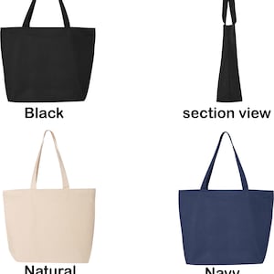 May include: Three zippered tote bags in black, natural, and navy blue. The bags are 20 inches wide, 15 inches high, and 5 inches deep. A side view of the black bag shows the zipper closure.