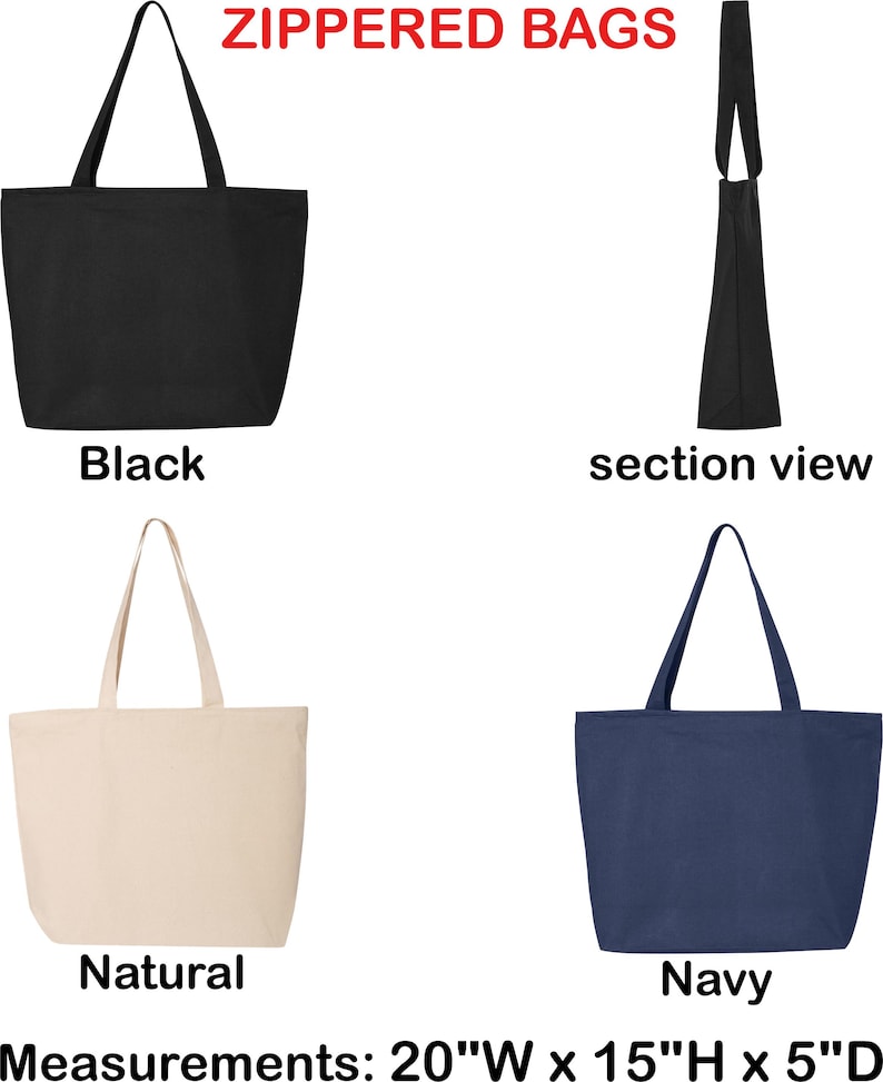 May include: Three zippered tote bags in black, natural, and navy blue. The bags are 20 inches wide, 15 inches high, and 5 inches deep. A side view of the black bag shows the zipper closure.