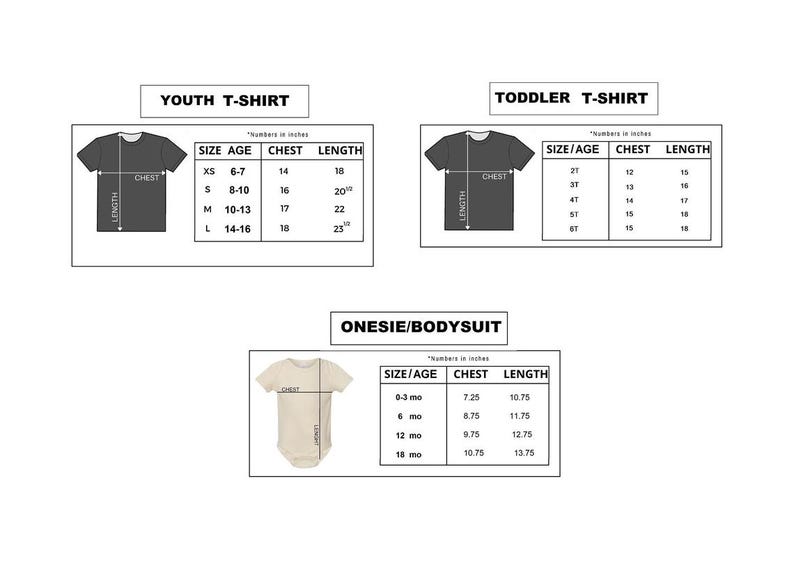 Pu&ograve; includere: Tabella delle taglie per t-shirt per bambini, neonati e body. La tabella mostra la taglia, l'et&agrave;, la misura del torace in pollici e la lunghezza in pollici per ogni taglia.