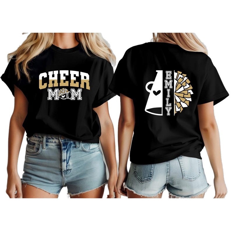 Custom Glitter Cheer Shirt featuring personalized team name and cheerleader name. Perfect for cheer competitions, pep rallies, and team spirit wear. This sparkly cheer tee makes a great gift for cheer moms, cheerleaders, or entire squads. Made from soft, high-quality fabric for all-day comfort and performance. A fun, stylish way to show off team pride on game day or practice.