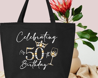 Custom Birthday Tote Bag for Her, Personalized Age Canvas Bag, 40th 50th 60th 70th 80th Birthday Gift Idea, Reusable Party Tote for Women