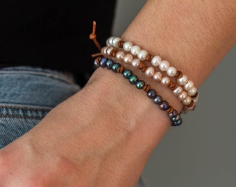 Leather and Pearl Stacking Bracelets. Rustic Brown Leather with your choice of Peach Pearls, Pink Pearls, White Pearls, or Peacock Pearls