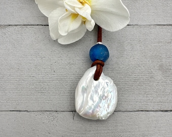 Freshwater Pearl Adjustable Leather Necklace with Sterling Silver and African Recycled Blue Glass