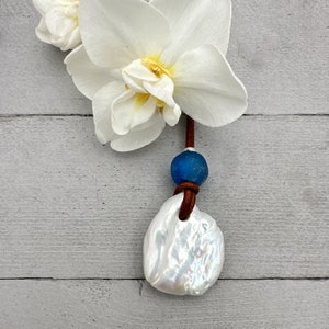 Freshwater Pearl Adjustable Leather Necklace with Sterling Silver and African Recycled Blue Glass