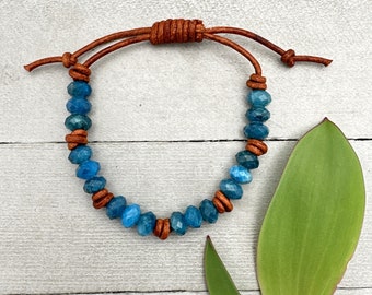 Apatite and Rustic Brown Leather Bracelet. Faceted Blue Gemstones