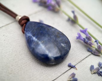 Sodalite Pendant Leather Necklace - Dark Navy Blue Healing Crystal - Rustic Brown Leather - Solid 925 Sterling Silver
