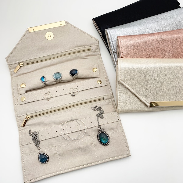 Estuche de viaje para joyas / Organizador pequeño para anillos, pendientes y collares / Regalo para damas de honor / Caja de joyería ecológica de polipiel