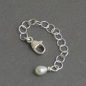 Jewelry Extender in Solid 925 Sterling Silver with Freshwater Pearl Charm. Choose Your Size. Perfect for Layering Necklaces and Bracelets