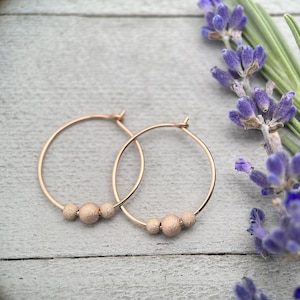 14k Rose Gold Fill Hoop Earrings with 3 Stardust Beads - 3/4 inch (20mm) in size