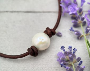 White Pearl Leather Necklace – Large Edison 11-12mm Round Pearl - Adjustable with Black or Brown Cord