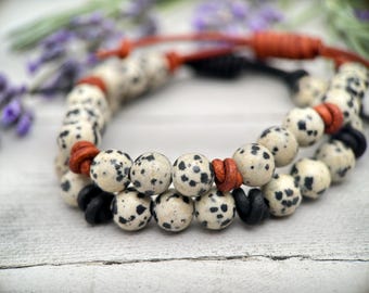 Dalmatian Jasper Bracelet | Leather Gemstone Jewelry Gift for Men or Women