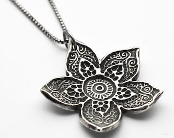 Large Sterling Silver Flower Necklace. Solid 925 Sterling Silver Paisley Flower Pendant. Big Bohemian Mandala Flower Necklace.