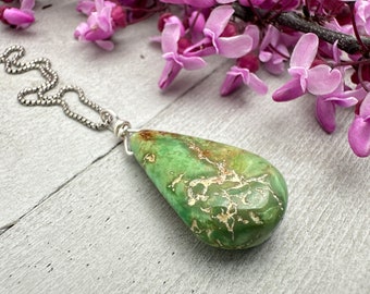 Green Turquoise Mountain Nugget Pendant on a Sterling Silver Chain