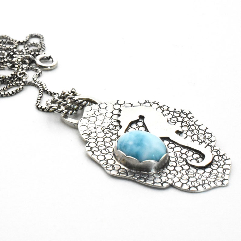 Hand Stamped Solid 925 Sterling Silver and Blue Larimar Necklace Larimar Seahorse Pendant Necklace Seahorse Necklace