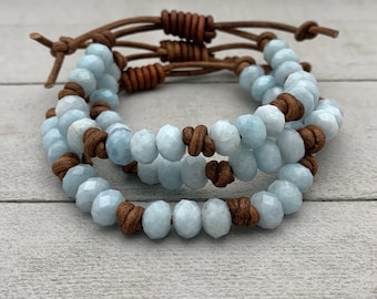 Aquamarine and Rustic Brown Leather Bracelet. Faceted Blue Gemstones