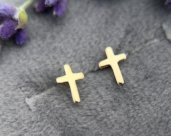 Gold Cross Stud Earrings - 14k Yellow Gold Filled, Dainty Christian Cross Earrings, Minimalist Faith Jewelry