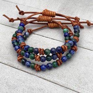 Lapis Malachite Gemstone and Rustic Brown Leather Bracelet