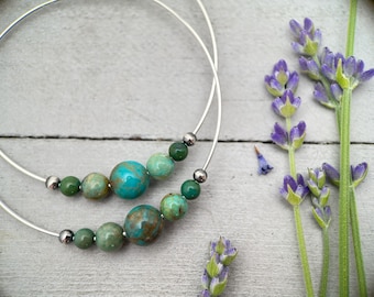 Turquoise and Navajo Pearl Earrings - Large 2 inch Solid 925 Sterling Silver Hoops