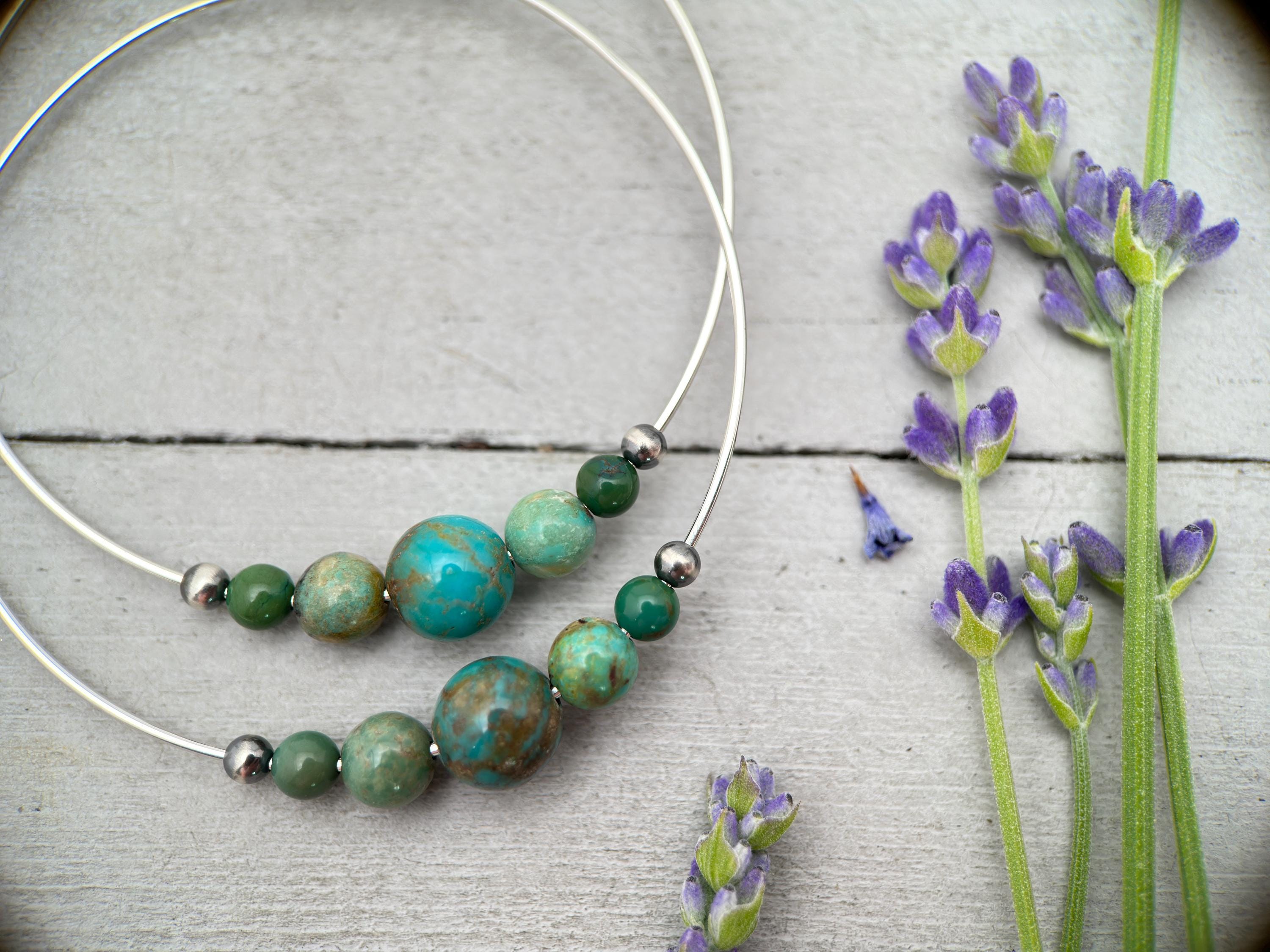 Turquoise and Navajo Pearl Earrings - Large 2 inch Sterling Silver Hoop Earrings