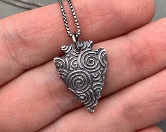 Silver Arrowhead Necklace with Stamped Spiral Design. Solid 925 Sterling Silver Pendant with Beautiful Stamped Swirl Pattern. Southwest
