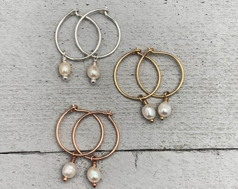 White Freshwater Pearl Charm Hoop Earrings. Available in Solid 925 Sterling Silver, 14k Yellow or Rose Gold Fill