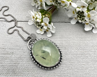 Dendritic Green Prehnite and Sterling Silver Necklace
