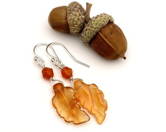 Carved Carnelian Leaf Earrings. Fall leaf Jewelry. Carved Leaf Earrings