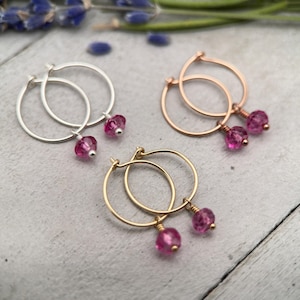 Pink Topaz Charm Hoop Earrings. Available in Solid 925 Sterling Silver, 14k Yellow or Rose Gold Fill