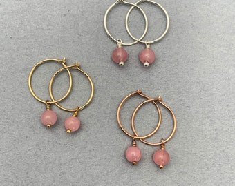 Rose Quartz Charm Hoop Earrings. Available in Solid 925 Sterling Silver, 14k Yellow or Rose Gold Fill