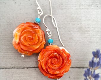 Spiny Oyster & Turquoise Earrings - Sterling Silver – Orange-Red Carved Shell Rose Flower Jewelry