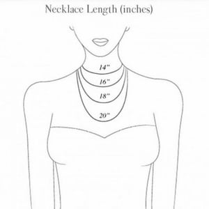 以下が含まれることがあります： ネックレスの長さを人物で示すイラスト。画像には、14インチ（35.56cm）、16インチ（40.64cm）、18インチ（45.72cm）、20インチ（50.8cm）の4つのネックレスの長さが表示されています。テキストは「Necklace Length (inches)」と書かれています。