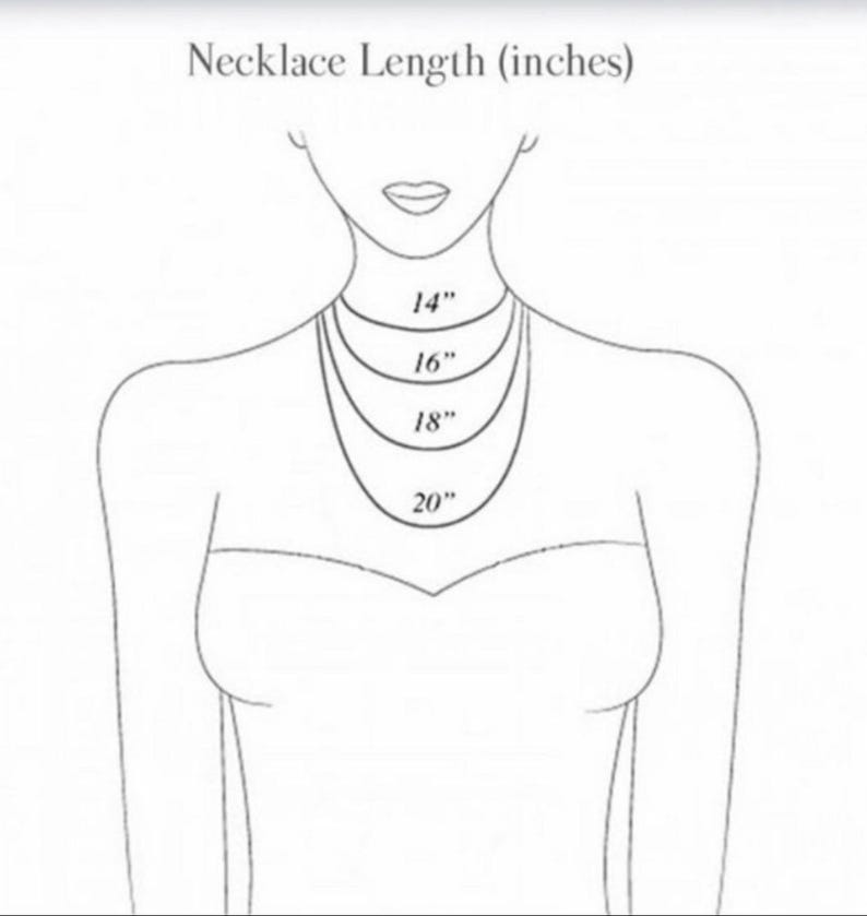 以下が含まれることがあります： ネックレスの長さを人物で示すイラスト。画像には、14インチ（35.56cm）、16インチ（40.64cm）、18インチ（45.72cm）、20インチ（50.8cm）の4つのネックレスの長さが表示されています。テキストは「Necklace Length (inches)」と書かれています。