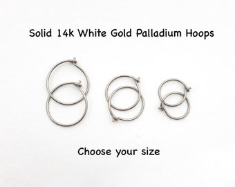 Thin Solid 14k White Gold Palladium Hoops. Nickel Free White Gold Hoops. Your Choice 8mm, 10mm or 12mm in 22 Gauge or 24 Gauge