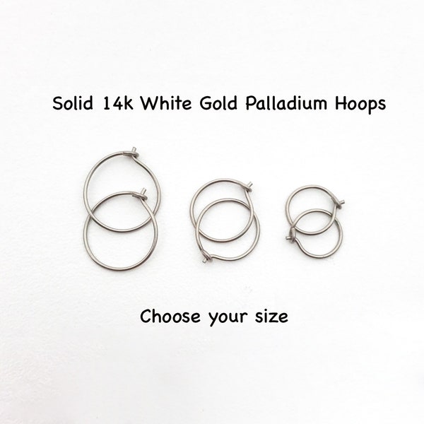 Créoles fines en or blanc 14 carats et palladium. Créoles en or blanc sans nickel. Votre choix 8 mm, 10 mm ou 12 mm en calibre 22 ou 24