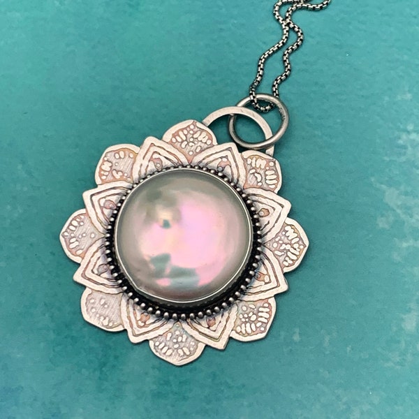Pale Pink Freshwater Pearl and Sterling Silver Flower Pendant Necklace