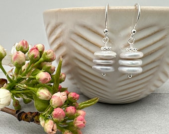 White Freshwater Pearl Stack Earrings with Solid Sterling Silver