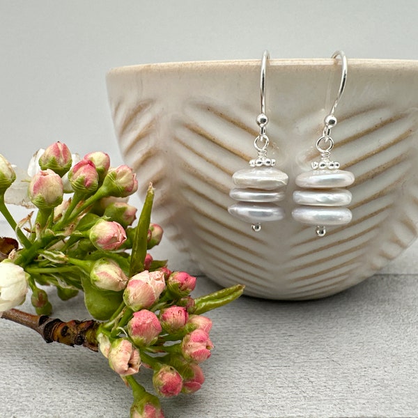 White Freshwater Pearl Stack Earrings with Solid Sterling Silver