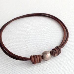 African Coin Silver Bead and Leather Anklet or Bracelet - Adjustable Size - Rustic Brown or Black Leather