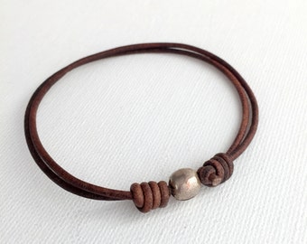 Brown Leather Anklet / Bracelet.  African Coin Silver and Antiqued Rustic Leather. Adjustable