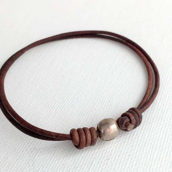 Brown Leather Anklet / Bracelet.  African Coin Silver and Antiqued Rustic Leather. Adjustable