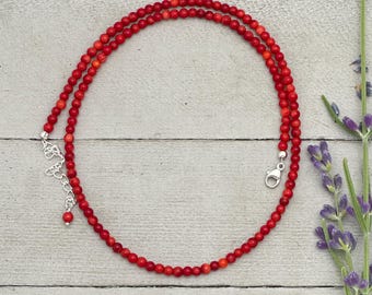 Red Coral Beaded Necklace – 4mm Genuine Coral Gemstone Strand with Sterling Silver, Adjustable 16–18 Inches